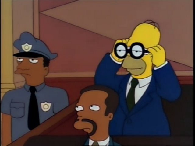 An image of Homer Simpson in court with fake glasses on.