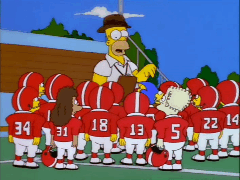 A gif of Homer Simpson cutting members of a football team in the same way we cut complex problems to simplify our model.