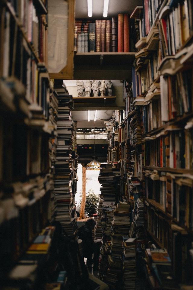 A picture of a silhouetted person reading in a cramped library or bookstore. Photo by Guilherme Rossi from Pexels